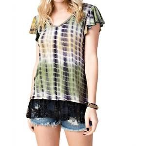 NEW VOCAL APPAREL tie dye short sleeve lace detail top in green